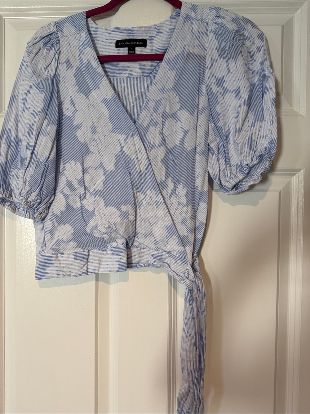Banana Republic Light Blue and White Floral Wrap Top